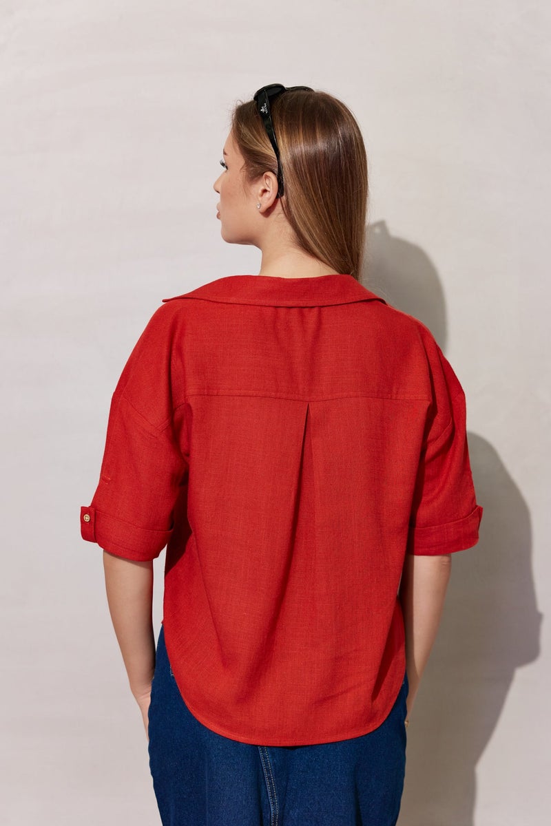 Virgio Solid Linen Collared Shirt With Boxy Fit for Women - Image 3