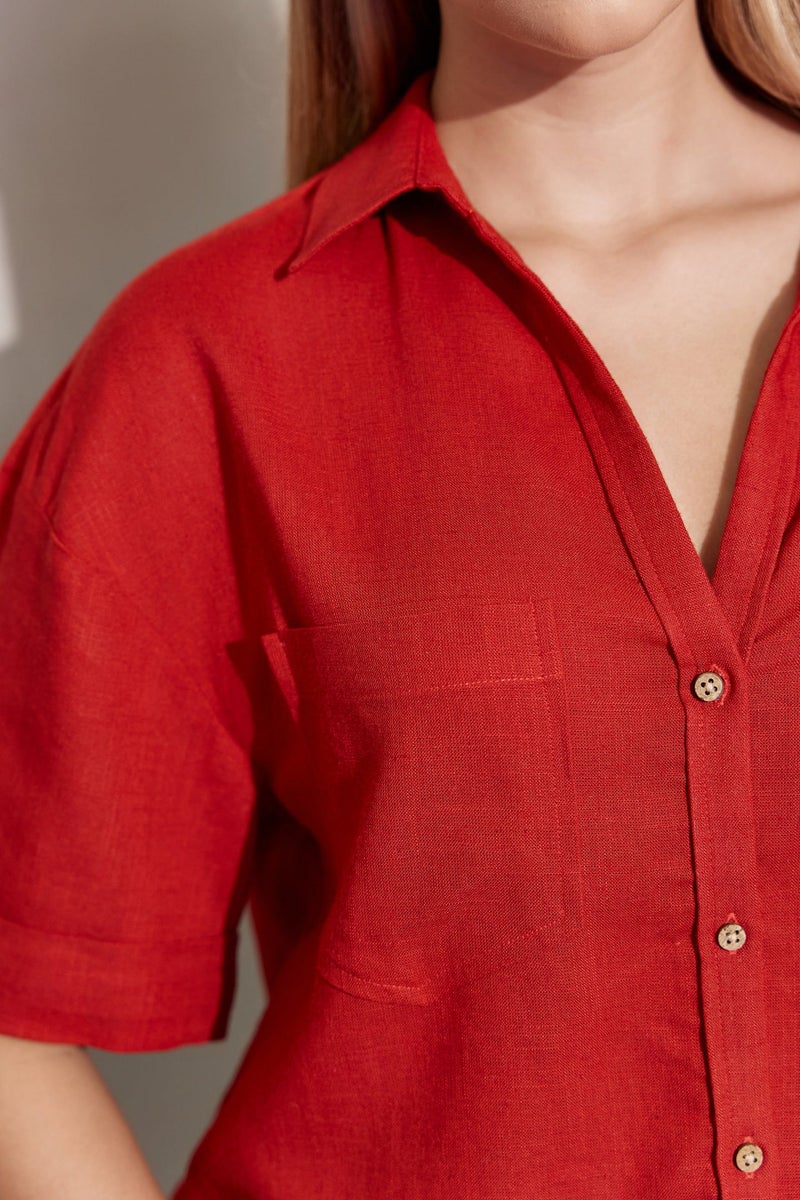 Virgio Solid Linen Collared Shirt With Boxy Fit for Women - Image 5