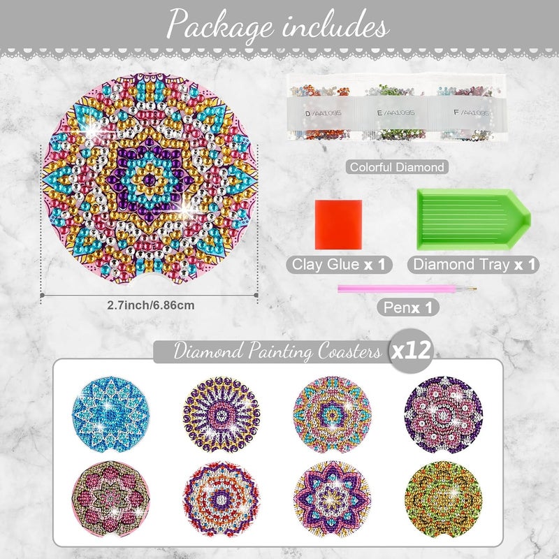 Kajaia 8 Pcs Diamond car Coasters DIY Mandala Car Painting Coasters Mandala Diamond Art and Crafts Projects Kits with Gem for Adult Beginner - Image 2