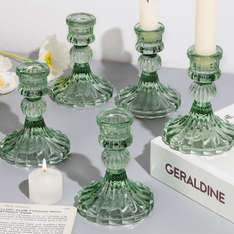 DARJEN 12PCS Green Candlestick Holders Set- 4" H Taper Candle Holders, Glass Candle Holders Bulk for Wedding, Party, Home Table Centerpieces, Festival Gifts & Windowsill Decor - Image 1