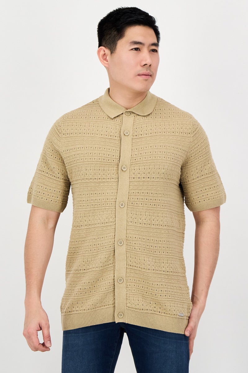 Threadbare Men Regular Fit Short Sleeve Eyelet Polo, Beige - Image 1