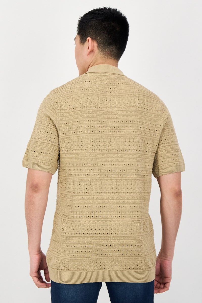 Threadbare Men Regular Fit Short Sleeve Eyelet Polo, Beige - Image 3
