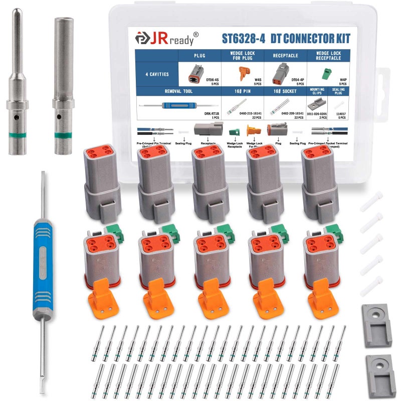 مجموعة موصلات JRready Deutsch المقاومة للماء 4 دبابيس مع 16 جهة اتصال صلبة 1420AWG ST63284 موصل سلسلة DT 4 دبابيس 5 مجموعات وأداة إزالة دبابيس Deutsch DRKRT1B مع مشابك تثبيت
