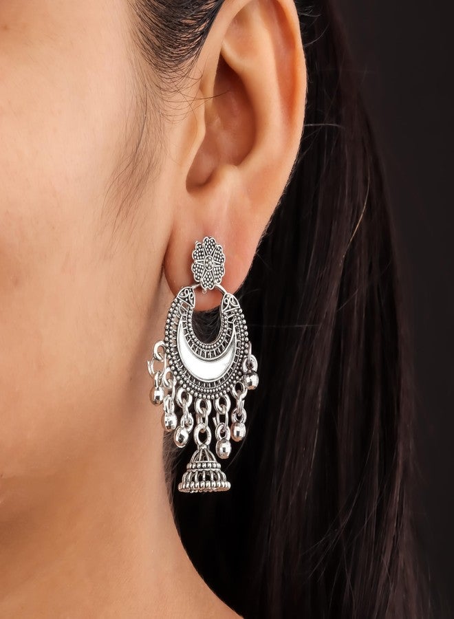 DEW MAT Traditional Oxidised Silver Jhumka Earrings for women | girls fashion jhumka meenakari oxidised kundans flower Temple South Indian Traditional Ear rings Set stylish Big Jhumki Combo pack of 6. - Image 4