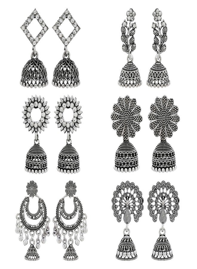 DEW MAT Traditional Oxidised Silver Jhumka Earrings for women | girls fashion jhumka meenakari oxidised kundans flower Temple South Indian Traditional Ear rings Set stylish Big Jhumki Combo pack of 6. - Image 1