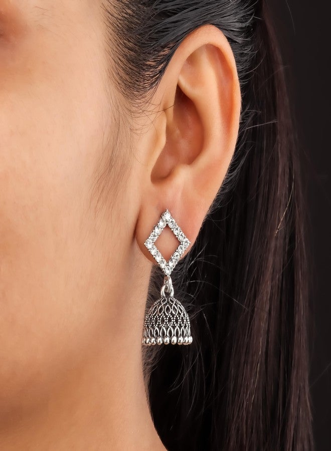 DEW MAT Traditional Oxidised Silver Jhumka Earrings for women | girls fashion jhumka meenakari oxidised kundans flower Temple South Indian Traditional Ear rings Set stylish Big Jhumki Combo pack of 6. - Image 2