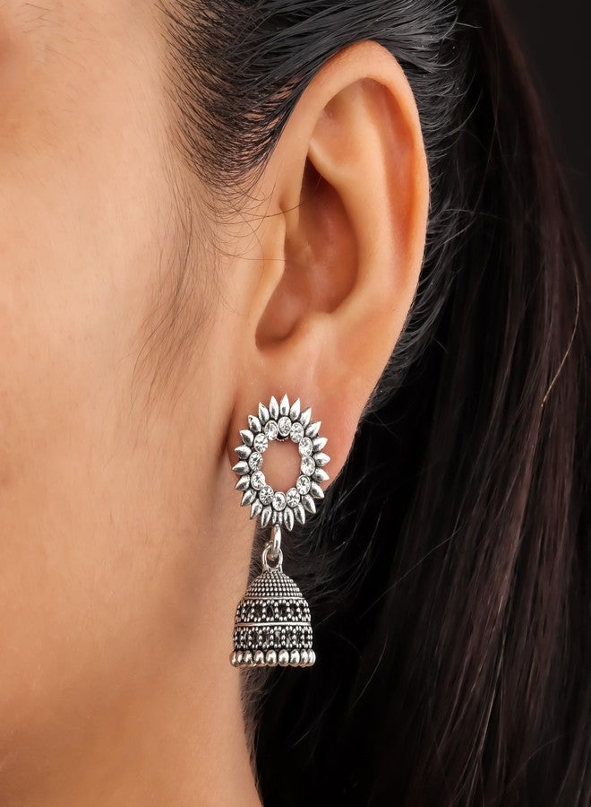 DEW MAT Traditional Oxidised Silver Jhumka Earrings for women | girls fashion jhumka meenakari oxidised kundans flower Temple South Indian Traditional Ear rings Set stylish Big Jhumki Combo pack of 6. - Image 5