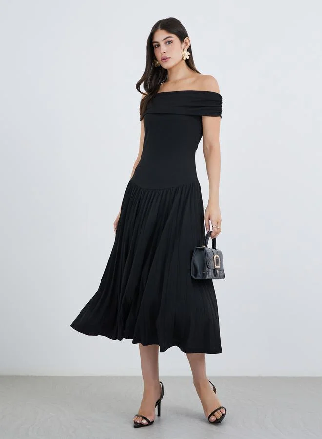 ستايلي Styli Plain Off Shoulder A-Line Midi Dress