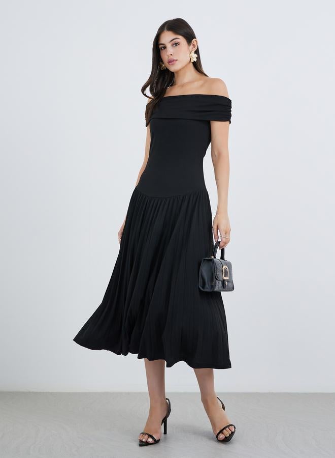 Styli Plain Off Shoulder A-Line Midi Dress - Image 1