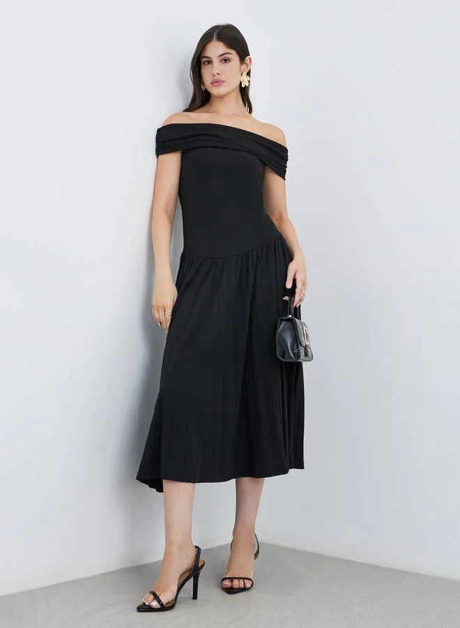 ستايلي Styli Plain Off Shoulder A-Line Midi Dress