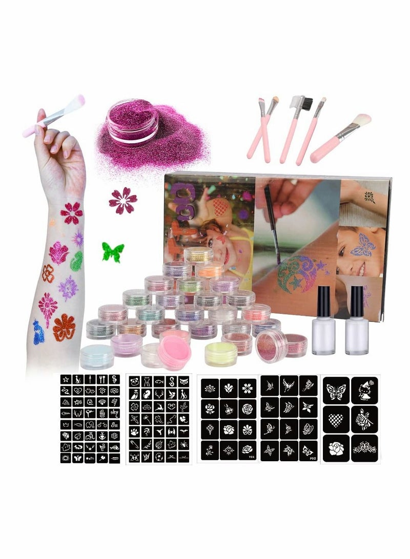 SYOSI 30 Colors Temporary Glitter Tattoo Kit Waterproof Body Glitter Tattoos Perfect Gifts for Kids Boys Girls Festival Party - 24 Glitter Powder 6 Glow Powder 105 Unique Stencils 5 Brushes 2 Glue - Image 1