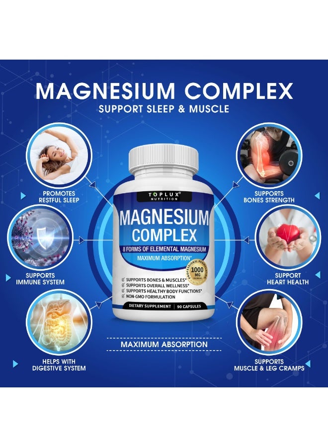توب لوكس ماغنيسيوم كومبلكس 8 عناصر 1000 ملغ – جليسينات، سترات، مالات، تورات، مخلب لسهولة الامتصاص – العظام والعضلات والطاقة – نباتي وغير معدل وراثياً – 90 كبسولة - Image 2
