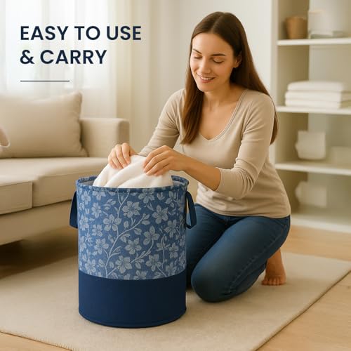 Laxis Laundry Basket, Freestanding Laundry Hamper, Collapsible Tall Clothes Hamper with Easy Carry Handles for Clothes, Laundry Basket for Decorative Nursery Blanket,Toys,Baby Room, | Blue Color | - Image 2