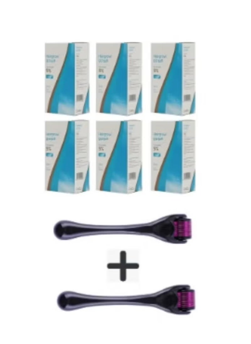 Dar Al Dawa Hairgrow 5% minoxidil Pack of 6 x 50ml 6 months supply with Two Derma Roller Hair Growth 0.5mm 