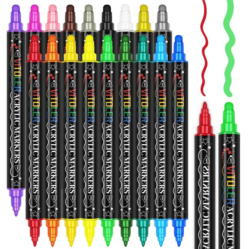 Vitoler Acrylic Paint Markers18pcs Paint Pens Acrylic Markers Sets With Brush Tip and Dot Tip for Rocks Wood Art Supplies