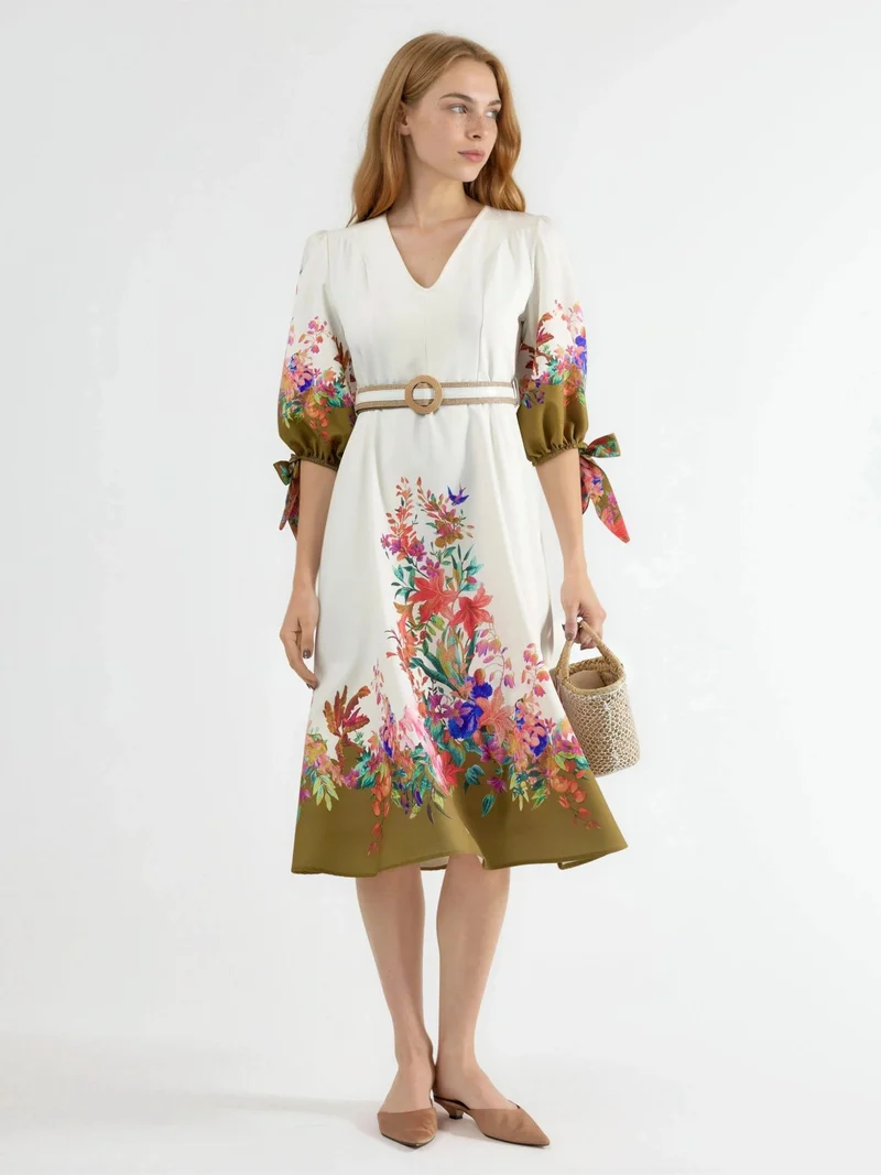 جينيفر Floral Belted Midi A-Line Dress