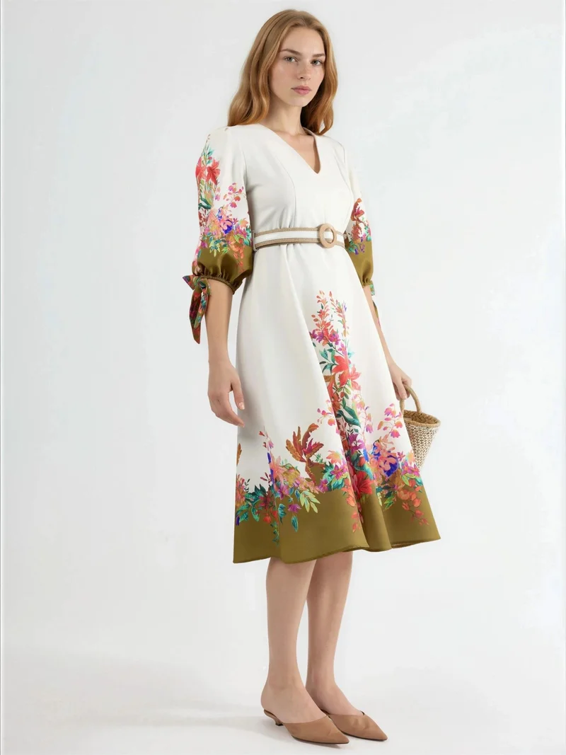 جينيفر Floral Belted Midi A-Line Dress