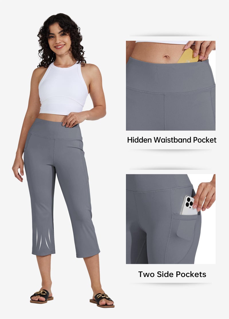 Willit سروال اليوغا النسائي من ويليت بخصر مرتفع، ليغينغز قصيرة الساق، رياضية، لتمارين اللياقة البدنية 21" رمادي L - Image 4