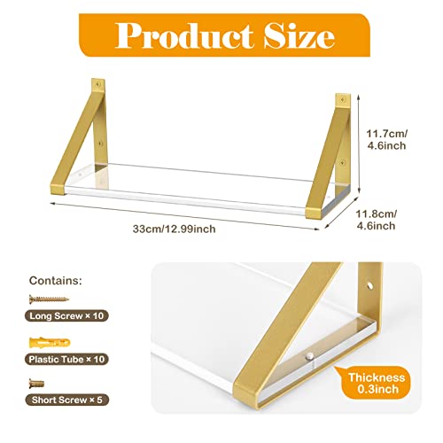 Cilinta Clear Shelves, Gold Floating Shelves Wall Mounted Set of 2, 8mm Transparent Acrylic, Invisible Wall Shelves for Bedroom, Living Room, Bathroom, Kitchen, Office Display Decor (13in) - Image 2