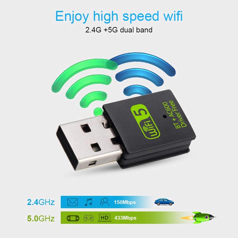 Auscoumer محول USB واي فاي بلوتوث، 600 ميجابت في الثانية، مزدوج النطاق 2.4/5 جيجاهرتز، جهاز استقبال خارجي للشبكة، دنجلة واي فاي صغيرة للكمبيوتر/اللابتوب/الكمبيوتر المكتبي - Image 4