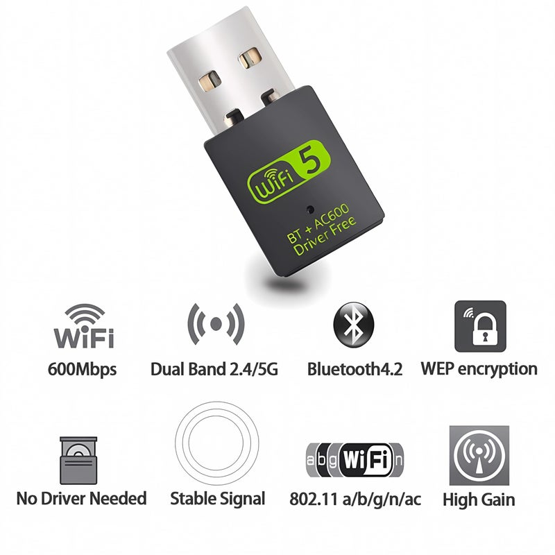 Auscoumer محول USB واي فاي بلوتوث، 600 ميجابت في الثانية، مزدوج النطاق 2.4/5 جيجاهرتز، جهاز استقبال خارجي للشبكة، دنجلة واي فاي صغيرة للكمبيوتر/اللابتوب/الكمبيوتر المكتبي - Image 2