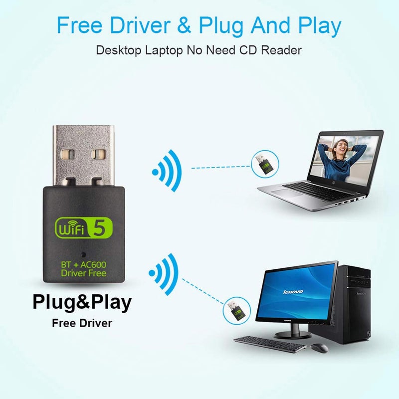 Auscoumer محول USB واي فاي بلوتوث، 600 ميجابت في الثانية، مزدوج النطاق 2.4/5 جيجاهرتز، جهاز استقبال خارجي للشبكة، دنجلة واي فاي صغيرة للكمبيوتر/اللابتوب/الكمبيوتر المكتبي - Image 3