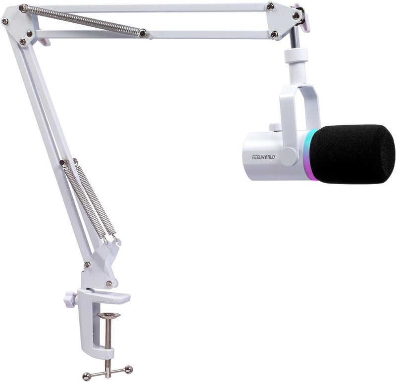 FEELWORLD PM1 XLR USB Dynamic Microphone with Boom Arm for Podcasting and Live Streaming (White) - Image 1