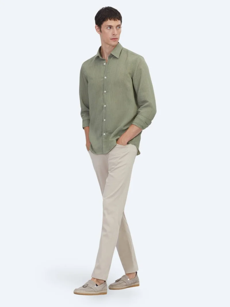 Kip Green Striped Regular Fit Long Weaving Casual Shirt