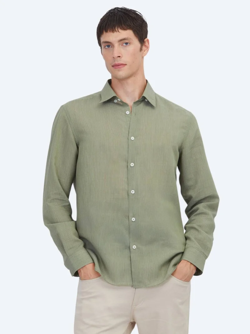 Kip Green Striped Regular Fit Long Weaving Casual Shirt