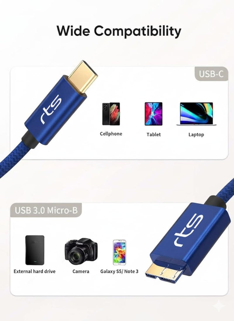 rts Type-C to Micro B External Hard Disk Drive HDD Cable (50CM) Micro B to USB C Cord 10Gbps USB C to Portable Hard Disk Cable Compatible for WD Seagate Hitachi Buffalo, LaCie, iPad/Tablet, iPhone 15 - Image 3