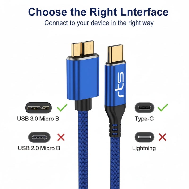rts Type-C to Micro B External Hard Disk Drive HDD Cable (50CM) Micro B to USB C Cord 10Gbps USB C to Portable Hard Disk Cable Compatible for WD Seagate Hitachi Buffalo, LaCie, iPad/Tablet, iPhone 15 - Image 2