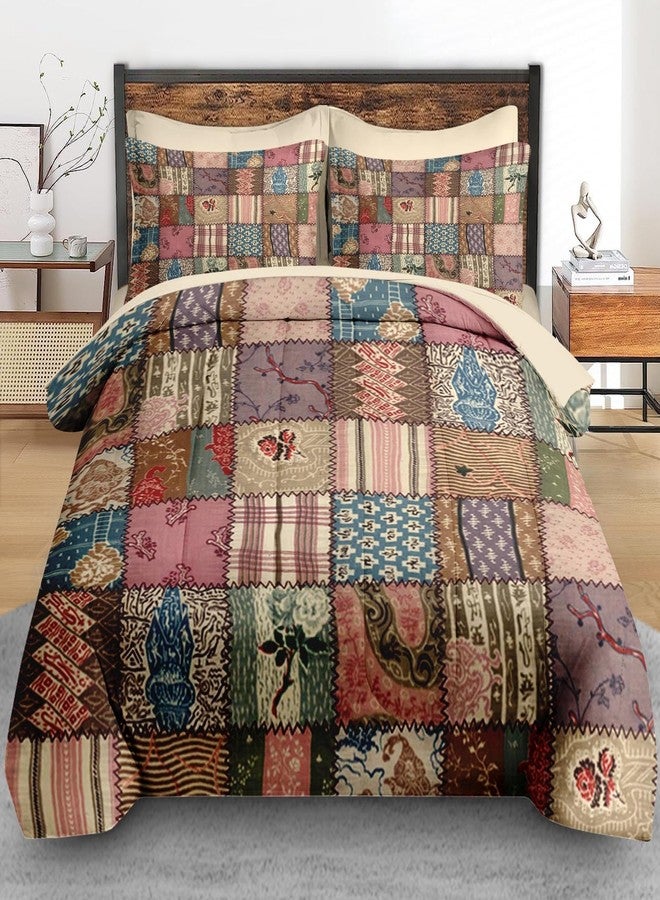 Pamnest Comforter Set Queen Size, Country Flower Retro 7 Pcs Bedding for Kids and Adults, Geometric Plaid Patchwork Bed Sheet Sets with Fitted Sheet 2 Pillowcases & 2 Shams for Bedroom Bed Decor - Image 3