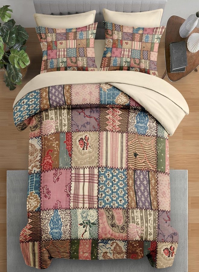 Pamnest Comforter Set Queen Size, Country Flower Retro 7 Pcs Bedding for Kids and Adults, Geometric Plaid Patchwork Bed Sheet Sets with Fitted Sheet 2 Pillowcases & 2 Shams for Bedroom Bed Decor - Image 1