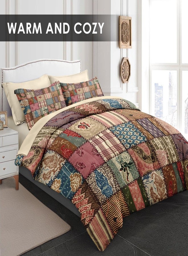 Pamnest Comforter Set Queen Size, Country Flower Retro 7 Pcs Bedding for Kids and Adults, Geometric Plaid Patchwork Bed Sheet Sets with Fitted Sheet 2 Pillowcases & 2 Shams for Bedroom Bed Decor - Image 2