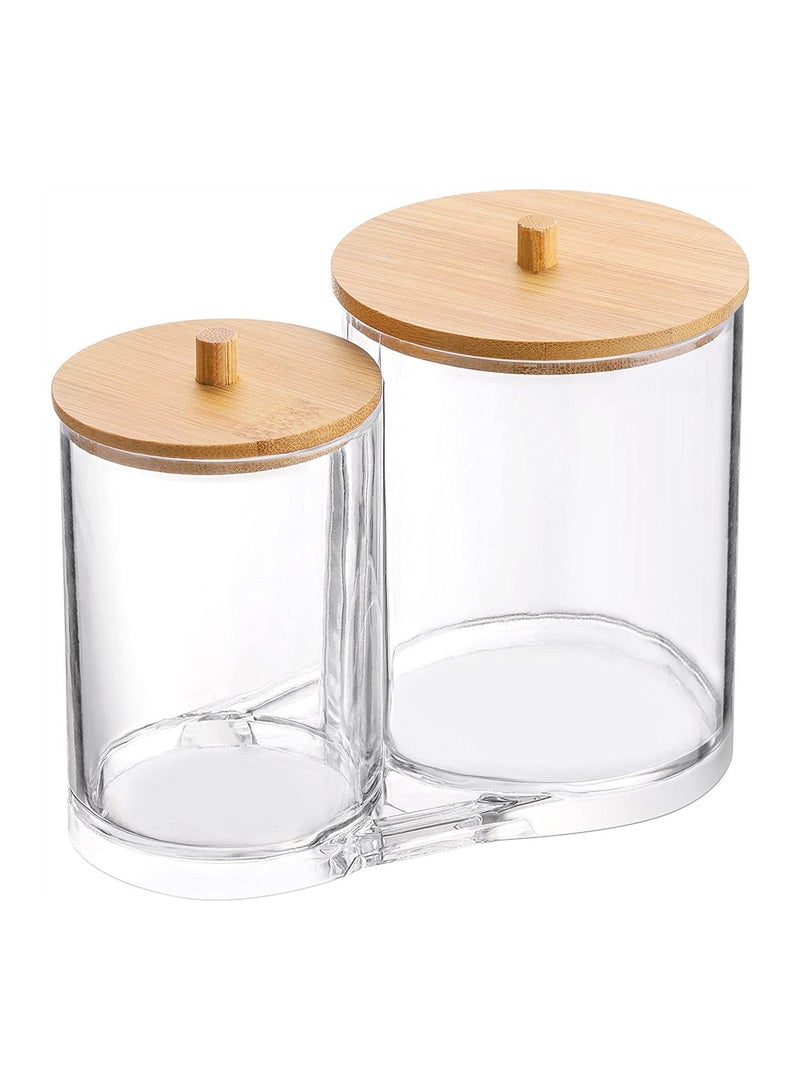 SYOSI Clear Organizer Jar, Cotton Swab Pads Holder,Cotton Ball Buds Dispenser Bathroom Jar Clear Organizer for Storage with Wood Lid - Image 1
