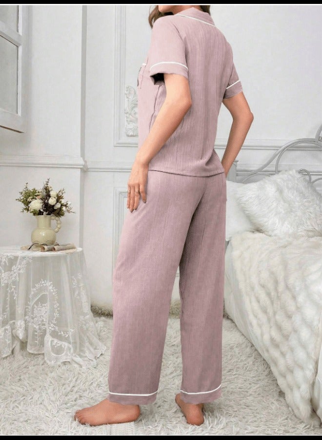 Shein مجموعة بيجاما نسائية قصيرة الأكمام والبنطلون الطويل بجيوب تطريز دب وتقليمات بألوان مختلفة  - Image 2