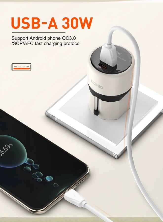 LDNIO 30W All-in-One Fast Charger & Worldwide Travel Adapter – Compact Type-C + USB-A Charging Hub with 4 Interchangeable Plugs (EU/US/UK/AU), Universal 100-240V Input, PPS/PD/QC3.0 Support for Phones, Tablets & More - Image 3