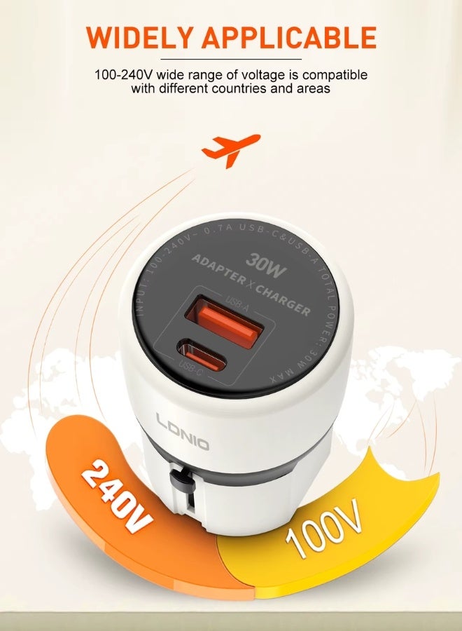 LDNIO 30W All-in-One Fast Charger & Worldwide Travel Adapter – Compact Type-C + USB-A Charging Hub with 4 Interchangeable Plugs (EU/US/UK/AU), Universal 100-240V Input, PPS/PD/QC3.0 Support for Phones, Tablets & More - Image 5