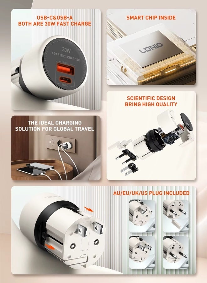 LDNIO 30W All-in-One Fast Charger & Worldwide Travel Adapter – Compact Type-C + USB-A Charging Hub with 4 Interchangeable Plugs (EU/US/UK/AU), Universal 100-240V Input, PPS/PD/QC3.0 Support for Phones, Tablets & More - Image 4