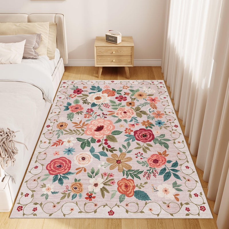 DUKINO 3x5 Area Rug, Floral Rugs for Entryway, Lightweight Non Slip Washable Rug, Indoor Low Pile & Non-Shedding Boho Design Rugs for Bedroom, Living Room, Dining Room, Kitchen, Beige - Image 3