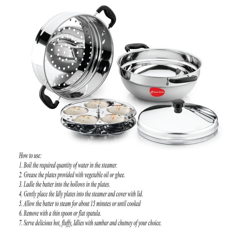 Klassi Kichen Stainless Steel Idli Cooker with 2 Plates Idli 1 Steamer Bakelite Handle Gas Stove and Induction Compatible Kitchen Accessories Silver - Image 5