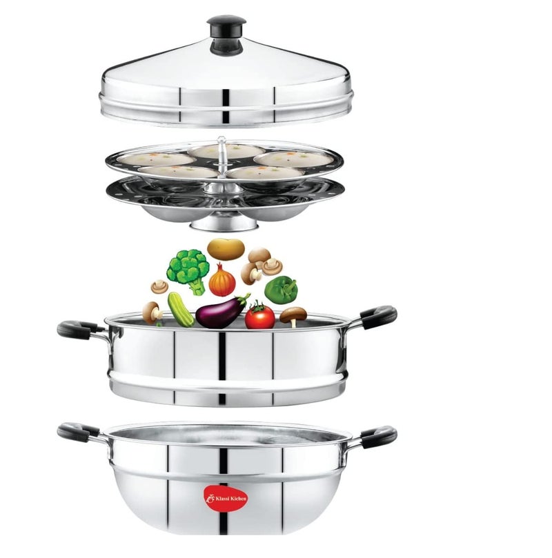 Klassi Kichen Stainless Steel Idli Cooker with 2 Plates Idli 1 Steamer Bakelite Handle Gas Stove and Induction Compatible Kitchen Accessories Silver - Image 2