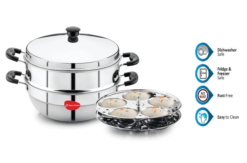 Klassi Kichen Stainless Steel Idli Cooker with 2 Plates Idli 1 Steamer Bakelite Handle Gas Stove and Induction Compatible Kitchen Accessories Silver - Image 3