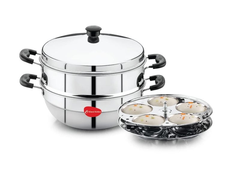 Klassi Kichen Stainless Steel Idli Cooker with 2 Plates Idli 1 Steamer Bakelite Handle Gas Stove and Induction Compatible Kitchen Accessories Silver - Image 1