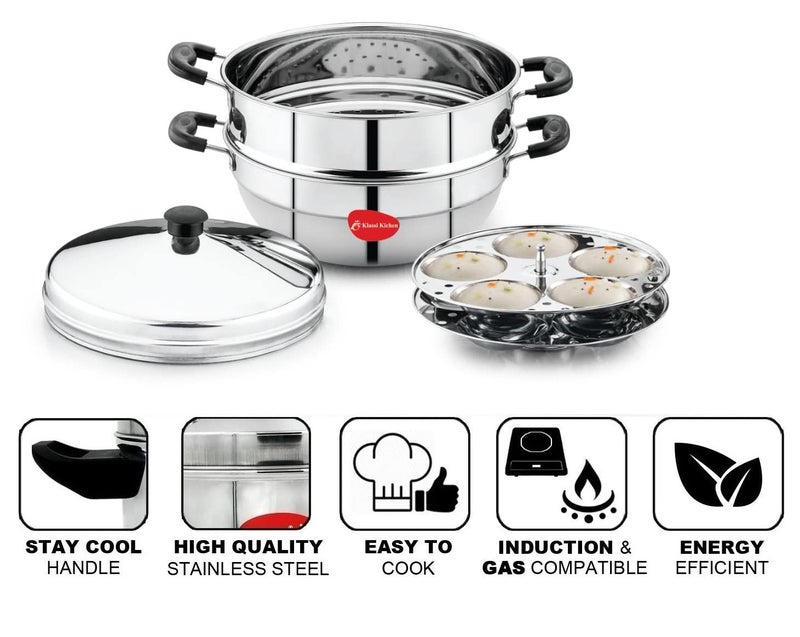 Klassi Kichen Stainless Steel Idli Cooker with 2 Plates Idli 1 Steamer Bakelite Handle Gas Stove and Induction Compatible Kitchen Accessories Silver - Image 4