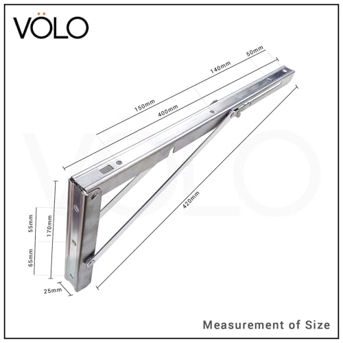 VOLO 16 Inch Stainless Steel Folding Brackets | 150kg Capacity | Heavy Duty Foldable Shelf Brackets for Wall, Table & Rack Support, L Angle Brackets with Fittings for Fold Down Tables | 2 Pieces - Image 2