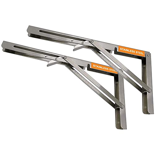 VOLO 16 Inch Stainless Steel Folding Brackets | 150kg Capacity | Heavy Duty Foldable Shelf Brackets for Wall, Table & Rack Support, L Angle Brackets with Fittings for Fold Down Tables | 2 Pieces - Image 1