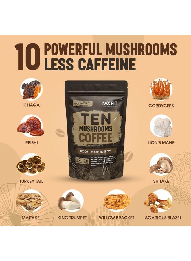 MAX FIT قهوة الفطر العضوي (60 حصة) 10 فطر (ذيل الأسد، كورديسيبس، ذيل الديك الرومي وغيرها) مختلطة مع قهوة أرابيكا الفاخرة الفورية لتعزيز المناعة لدعم التركيز وصحة الأمعاء - Image 4