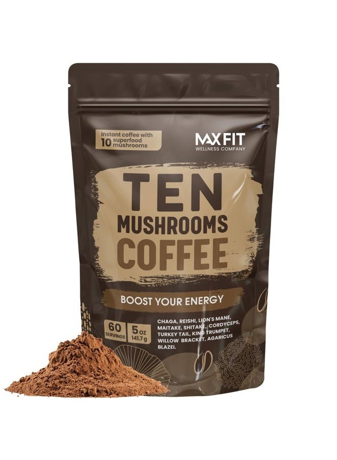 MAX FIT قهوة الفطر العضوي (60 حصة) 10 فطر (ذيل الأسد، كورديسيبس، ذيل الديك الرومي وغيرها) مختلطة مع قهوة أرابيكا الفاخرة الفورية لتعزيز المناعة لدعم التركيز وصحة الأمعاء - Image 1