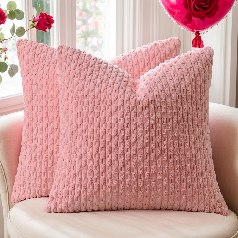 K KEVIN TEXTILE طقم أغطية وسائد ديكور من كيفن تيكستايل، قطعتان، وسائد مخملية مخططة، أغطية وسائد، ديكور منزلي بوهيمي، أغطية وسائد للأريكة والسرير وغرفة المعيشة، مقاس 18 × 18 بوصة، لون وردي داكن - Image 1